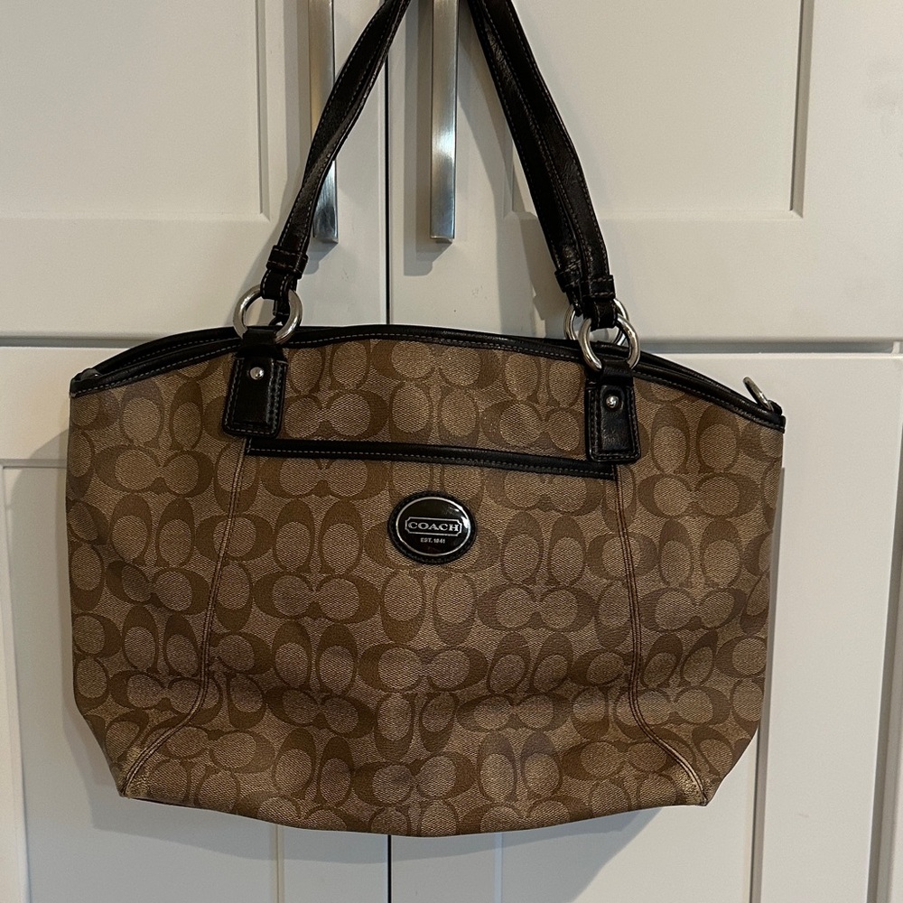 Coach Tan and Black Signature Shoulder Bag